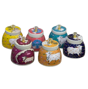 Set 6 4-Inch Enamel Printed Pichwai Cow Jars Glossy Finish Dishwasher <b>Safe</b> <b>Large</b> Capacity Decorative Metal Storage Jars Lid - Product Image 1