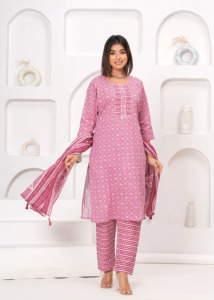 Pink Printed <b>Kurta</b> Pant Dupatta Set for <b>Women</b> | Ethnic Wear Straight V- Neck Kurti with Designer Dupatta - Product Image 4