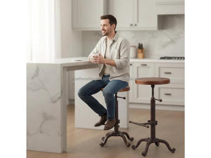 Vintage Wooden Seat Bar <b>Stool</b> Rustic Industrial Swivel <b>Stool</b> Adjustable Height Metal & Wood <b>Stool</b> Retro Workshop Style <b>Stool</b> - Product Image 2