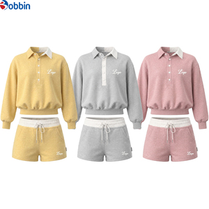 Autumn Wear Women's Custom logo 2pcs Sets Color-blocked Turn-<b>down</b> Neck Sweatshirts and Shorts Sets Casual Long-sleeve Set - Product Image 3