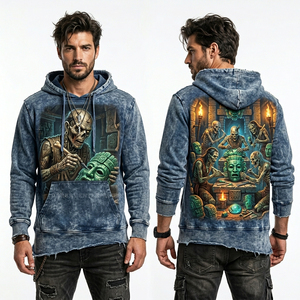 Sudadera con capucha beige para hombre, con gráfico del Ritual del Ceñíbal, estilo streetwear, oversize, con bordes desgarrados, lavado vintage, venta al por mayor - Product Image 5