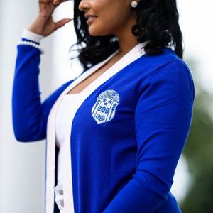 Cardigan long bleu Zeta Phi Beta pour femme, broderie lettres grecques, ouvert sur le devant, en maille, décontracté, élégant, hiver, uni, simple - Product Image 3