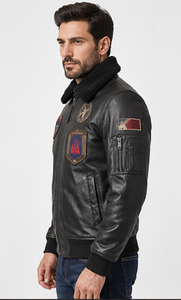 <b>Men's</b> leather bomber <b>jacket</b> <b>shearling</b> collar biker <b>jacket</b> winter aviator <b>jacket</b> premium leather <b>jacket</b> stylish <b>men's</b> outerwear - Product Image 2