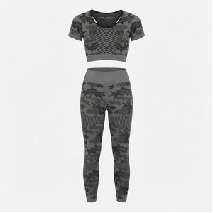 North Approach 2 Piece Yoga Set Camouflage Print High Waist Full Length <b>Leggings</b> <b>Crop</b> Top Short Sleeve Scoop Neck Racerback - Product Image 1