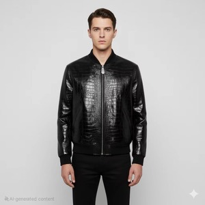 Chaqueta Bomber Negra para Hombre con Estampado de Cocodrilo, Cuello Alto, Cierre Frontal con Cremallera, Estilo Motero, para Otoño/Invierno - Product Image 6