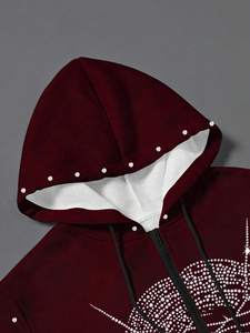 Sweat-shirt à capuche pour homme, rouge, avec strass, motif Jésus, coupe oversize, fermeture éclair, style streetwear, avec design couronne d'épines - Product Image 2