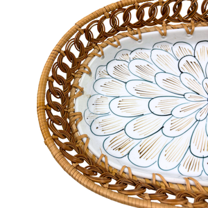 Bandeja de servicio de cerámica ovalada con patrón Floral azul hecha a mano, borde tejido de ratán ecológico para el hogar, cocina, comedor, fiesta decorativa - Product Image 3