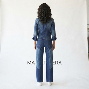 Women Blue Denim Cropped Jacket Patchwork Jeans Set High Waist Wide Leg <b>Pants</b> Two Piece Casual Denim Outfit Wholesale - Product Image 2