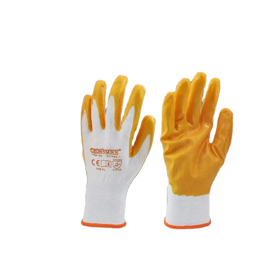 CROWNMAN PPE With CE Certificate L/XL Safety 13 Gauge White Polyester Liner Nitrile Coated Work Protection Gloves