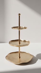 Premium Gold Metal 3 Tier Cake <b>Stand</b> with Ball Finial Handle Organic Scalloped Plates Pastry <b>Cupcake</b> Display Serving - Product Image 3