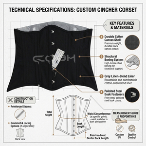 Hourglass Body Shaper Fitness Wear Black Cotton <b>Underbust</b> Steel Boned Corset with Front Busk Closure - Product Image 6