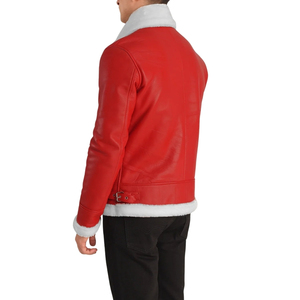 Veste en cuir rouge pour homme, doublée de fourrure Sherpa, col rabattu, fermeture éclair, manteau d'hiver vintage - Product Image 2