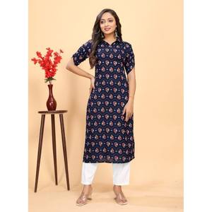 FANCY ALGODÓN BLOQUE ESTAMPADO TRABAJO KURTI CON PANTALÓN CONJUNTO AZUL MARINO - Product Image 1