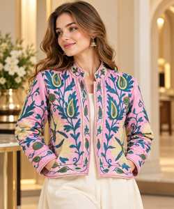 <b>Women</b>’s Purple Floral Embroidered Cotton <b>Jacket</b>, Stand Collar Ethnic Short <b>Jacket</b>, Boho Casual Wholesale Outerwear - Product Image 3