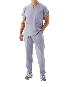 Men V-Neck <b>Scrub</b> Set Short Sleeve Top & Pants Grey Cotton Polyester Woven Hospital <b>Uniform</b> Spandex Polyester V-Neck <b>Scrubs</b> - Product Image 1