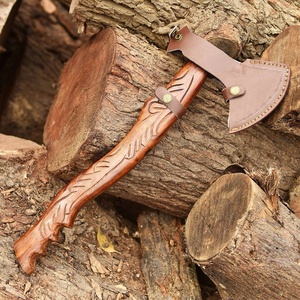 A&M ENTERPRISES Handmade Damascus Steel Camping <b>Axe</b> Hand Carved Feather Design Rosewood <b>Handle</b> Matching Leather Sheath knives - Product Image 4