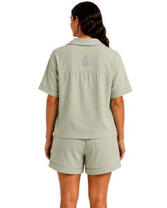Sage <b>Green</b> Women Pajama Set Short Sleeve Cotton Poplin Loungewear Embroidered Summer Sleepwear Button Up Shorts Set Comfortable - Product Image 2