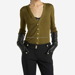 Wholesale High Quality Wool/Acrylic Coarse Wool 220g Warm <b>Cardigan</b> <b>Sweater</b> Women 2 by 1 Rib Style V-Neck Patch Design - Product Image 1