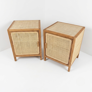 Mesita de Noche de Madera de Teca con Mimbre, 1 Puerta, Mesa Auxiliar, Armario de Almacenamiento, Cómoda Baja para Dormitorio Moderno, Venta al por Mayor - Product Image 4