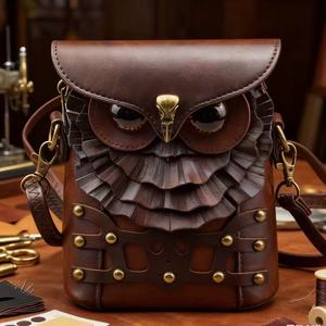 Bolso de Hombro Vintage de Cuero Genuino Hecho a Mano con Diseño de Búho, Decoración de Remaches y Cierre de Broche - Product Image 1