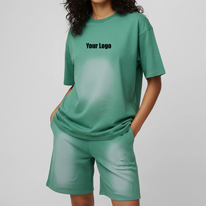 Conjunto de 2 piezas de verano para mujer, de la mejor calidad, 100% algodón, con encaje sólido, lavado efecto descolorido, transpirable, de manga corta. - Product Image 1