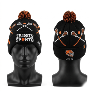 Premium 320 GSM acrylic knit lacrosse beanie black orange jacquard pattern pom pom embroidered custom logo <b>winter</b> <b>cap</b> - Product Image 1