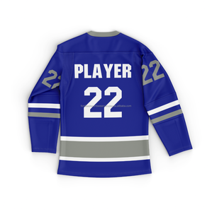 Maillot de hockey sur glace bleu personnalisé pour hommes, sublimé, col en V, fermeture à nouer, manches longues, numéro d'équipe, uniforme 100 % polyester écologique - Product Image 3