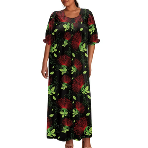 Robe longue personnalisée à manches bouffantes pour femme, motif fleurs hawaïennes Ohia Lehua Pohutukawa, idéale pour l'été, vente en gros, robes décontractées sur mesure - Product Image 6