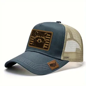 Unisex Raccoon Leather Patch American Flag Trucker <b>Hat</b> Breathable Mesh Back Baseball <b>Cap</b> Outdoor Hunting Sun Shade - Product Image 2