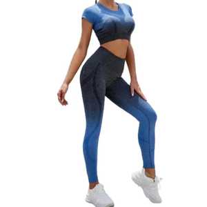 Conjunto de Yoga para Mujer, Top Corto con Degradado de Color, Leggings de Cintura Alta, 2 Piezas, Spandex, Poliéster, Ropa Deportiva sin Costuras - Product Image 6
