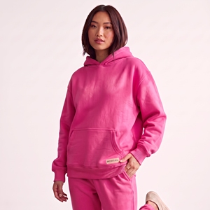 เสื้อฮู้ดดี้ผู้หญิงสีชมพูสดแบบสวมหัว ผ้าคอตตอนฟลีซหนานุ่ม ทรงหลวม ไหล่ตก มีกระเป๋าจิงโจ้ ไซส์ใหญ่ - Product Image 1