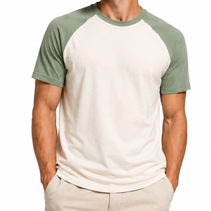 T-shirt Raglan Homme Manches Courtes Col Rond Vert Sauge Crème Bicolore Style Baseball – Le Plus Vendu - Product Image 1