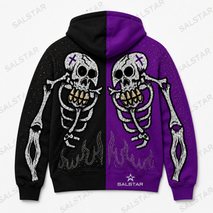 Sweat à capuche squelette noir et violet personnalisé pour homme, style gothique, broderie strass, fermeture éclair, streetwear tendance - Product Image 4