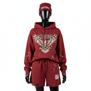 ชุดเซ็ตฮู้ดดี้และกางเกงขาสั้นผ้าฝ้ายผสมขนแกะสีแดงเลือดหมูพิมพ์ลายโลโก้ตามสั่งสำหรับผู้หญิง ผ้าฝ้าย 100% - Product Image 6