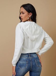 <b>Women's</b> <b>White</b> Cropped Hoodie Zip-Up <b>Long</b> <b>Sleeve</b> Solid Knitted Sweatshirt Autumn Wear - Product Image 5