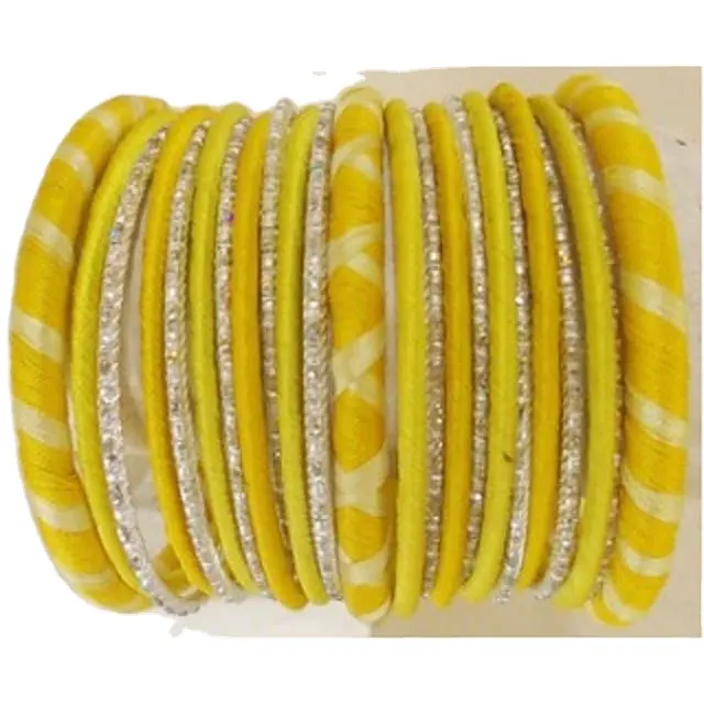 Handmade Silk Thread Yellow And Silver Combination Classic Tradiitional Bangles Set