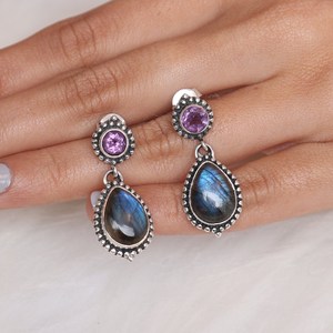 Boucles d'oreilles pendantes en argent sterling 925 de style bohème fait à la main incroyable coupe améthyste Labradorite pour femmes et filles bijoux de mode - Product Image 6