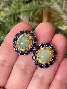 Fancy Large <b>Opal</b> Dark Blue Sapphire Post Halo <b>Earrings</b> Ring Set 925 Sterling Silver Gold/ elegant luxury cocktail set - Product Image 3