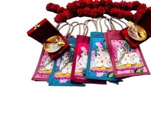 Unique German Silver-Gold-Plated Bowl With Pichwai Print Jute Bag for Wedding Gift Festival & <b>Occasion</b> Gift - Product Image 1