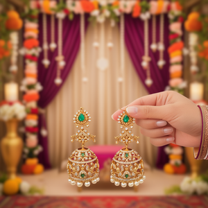 Green Amethyst Imitation Pearl Silver & Gold Plated Oxidized Polish Women's Jhumka Hoop Earrings for Bridal Party Engagement - Product Image 3