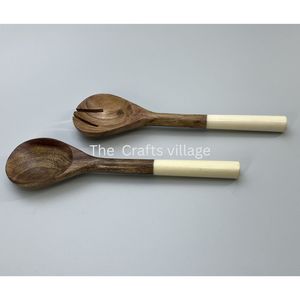 Durable Wooden Salad Server <b>Set</b> Spoon Fork <b>Grey</b> Handle Natural Finish Kitchen Serving Utensils <b>Dining</b> Tools - Product Image 2