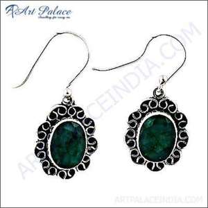 Designer Elegant Handmade Stylish Silver <b>Hoop</b> <b>Earrings</b> with Adorable Green Corundum Gemstone <b>Fashion</b> Accessory - Product Image 1