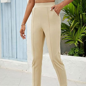 Pantalones de Mujer de Cintura Alta, Color Beige, Satinados, Tipo Lápiz, con Bolsillos, Cintura Elástica, Largo hasta el Tobillo, Estilo Oficina, para Primavera - Product Image 4