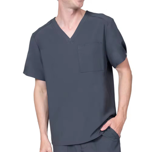 Ensemble de blouses médicales pour hommes, gris foncé, col en V, coton et polyester, tricoté, uniformes d'hôpital, pantalon inclus - Product Image 4