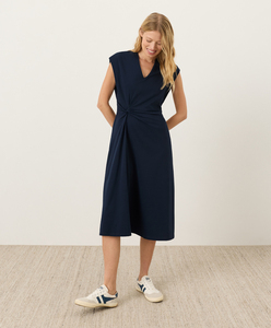 Robe en coton tissé pour femme, col en V, manches courtes torsadées, couleur unie, respirante, idéale pour l'été et les soirées - Product Image 4