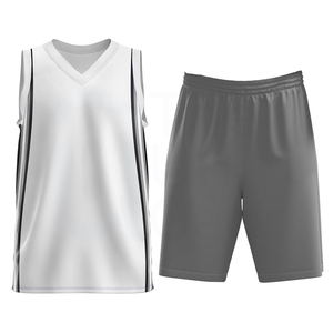 Ensemble de maillot de basket-ball unisexe blanc sans manches à col en V et short gris respirant, anti-humidité, séchage rapide, 100 % polyester - Product Image 1