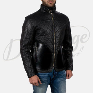 Blouson en cuir matelassé noir premium pour homme, en véritable peau de mouton, avec surpiqûres en losange, coupe ajustée, style motard, manteau tendance - Product Image 3