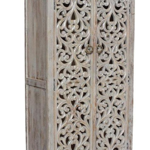 Luxury Handcrafted Solid Wood 2 Door <b>Wardrobe</b> Ornate Filigree Scroll Carving Distressed White Armoire - Product Image 2