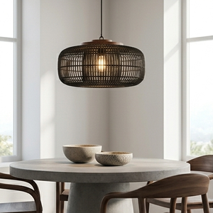Lámpara colgante de ratán negro tejido, lámpara de techo de madera de teca maciza, farol bohemio para sala de estar, restaurante, hotel, decoración de interiores - Product Image 1