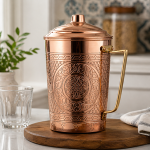 Carafe à eau en cuivre pur avec couvercle, faite à la main, gravée, style ayurvédique, carafe décorative en cuivre pour la maison, la cuisine, l'hôtel - Product Image 3